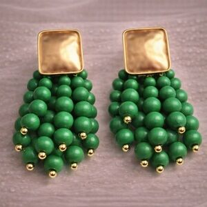 Vintage Gold Green Cascade Beaded Earrings
